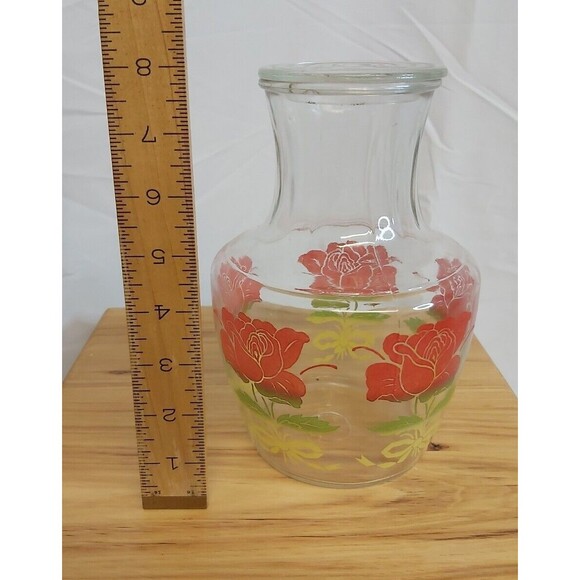 Vintage Anchor Hocking Juice Carafe Red Roses With Lid 6 Cup capacity - Picture 4 of 4